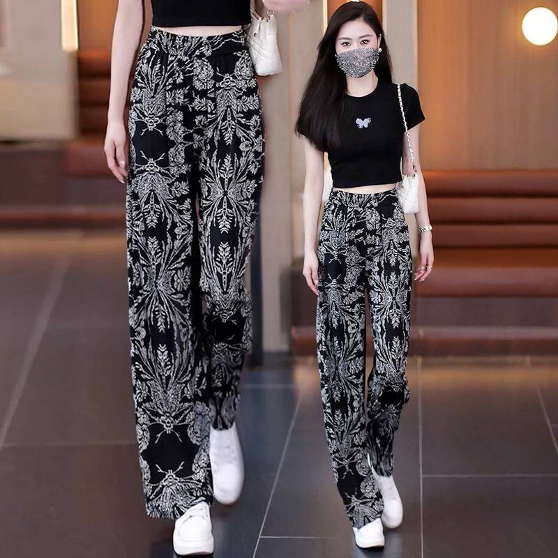 复古黑色碎花阔腿休闲裤女夏季薄款2025新款松紧腰百搭慵懒直筒裤