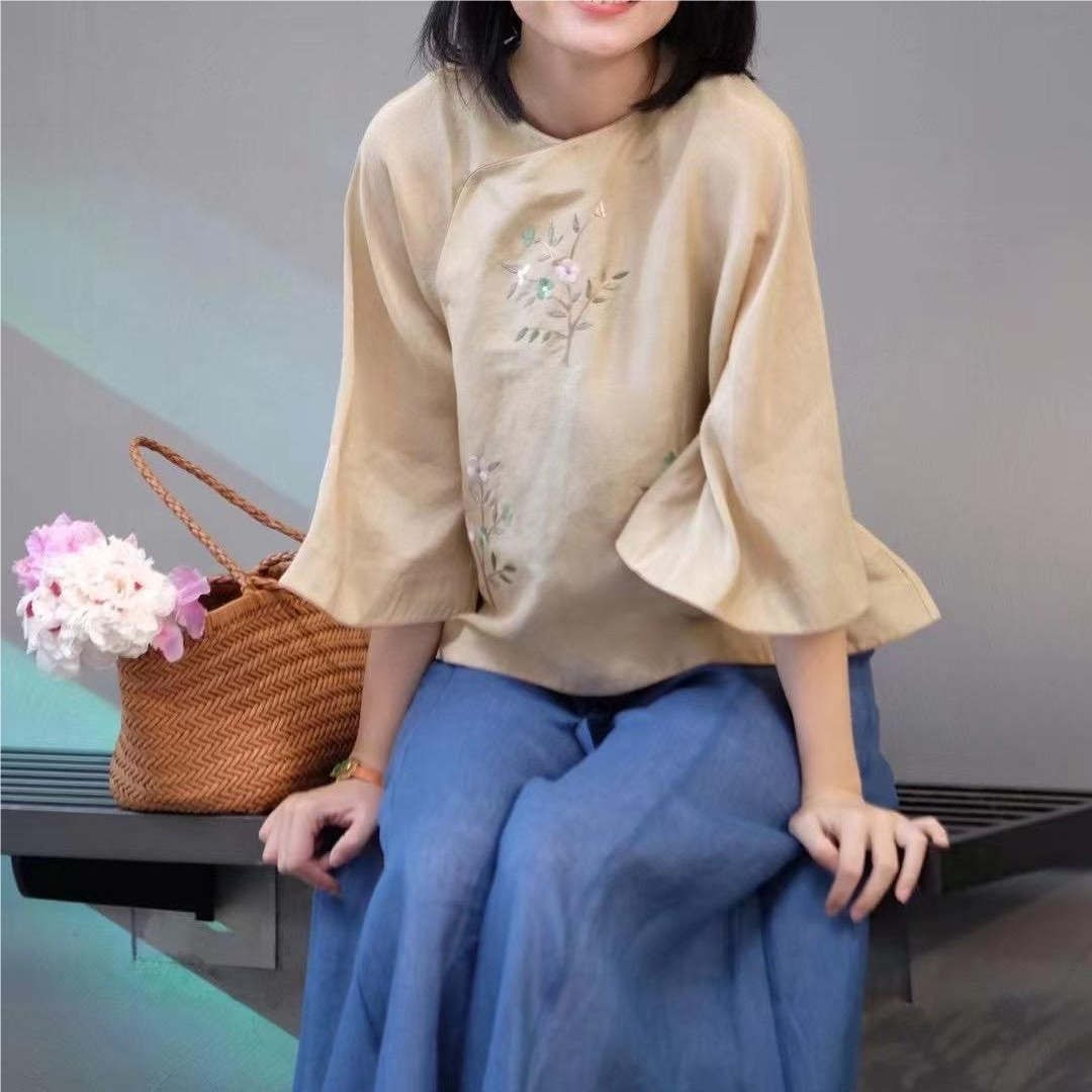 SONG YI 夏新款新中式丝麻混纺斜襟手工绣花圆领宽松上衣