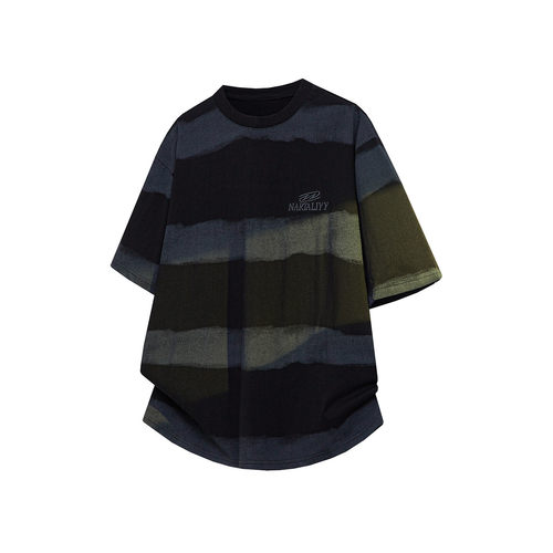 8XL-M 高品质纯棉扎染条纹短袖T恤男宽松美式复古半袖情侣DX339