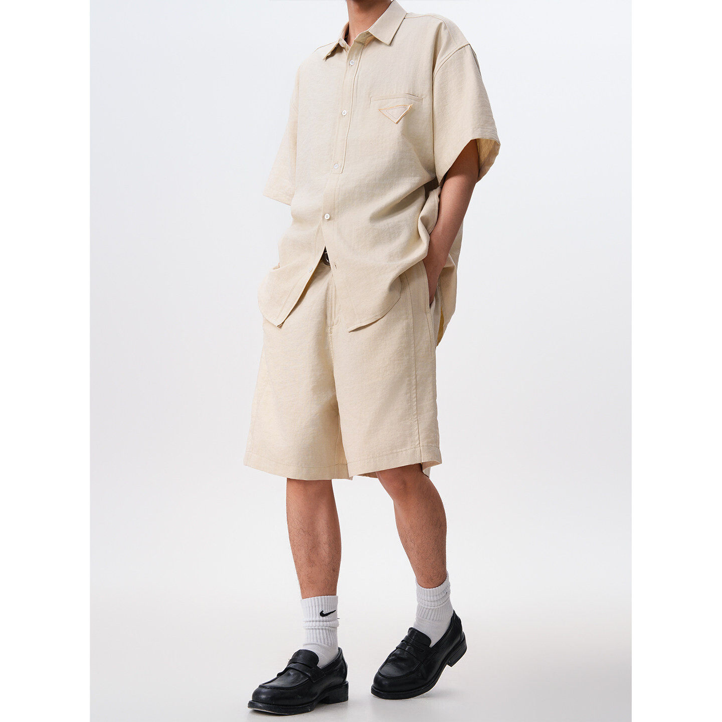 8XL 亚麻混纺老钱风套装男宽松短袖衬衫棉麻短裤两件套 TZ119-P78