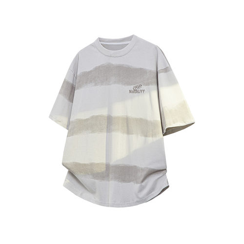 8XL-M 高品质纯棉扎染条纹短袖T恤男宽松美式复古半袖情侣DX339