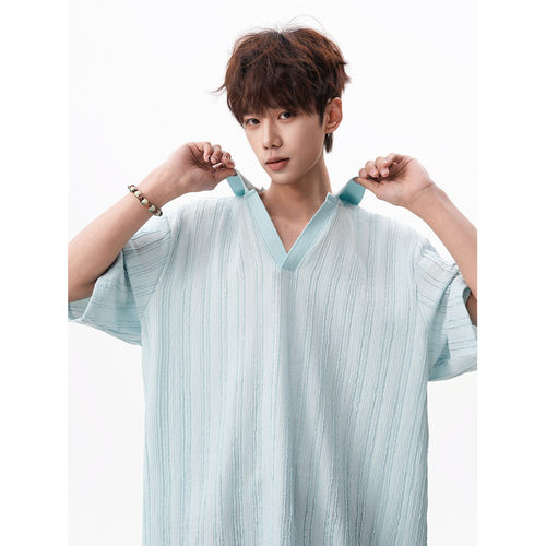 5XL 老钱风提花肌理针织翻领短袖t恤男条纹半袖polo衫DX364-特P43