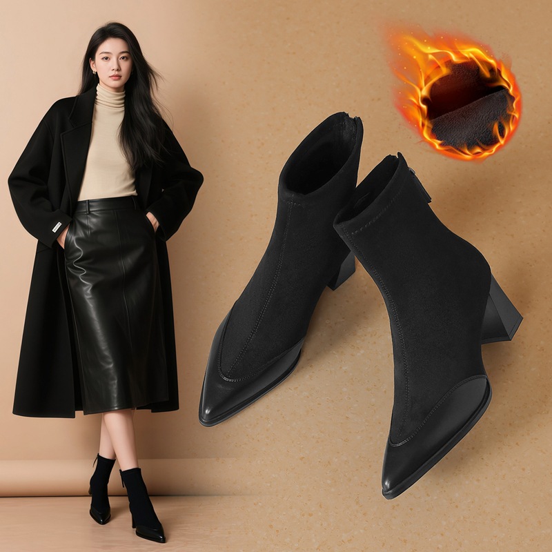 尖头粗跟高跟短靴女2025新款秋冬加绒保暖英伦风复古短筒瘦瘦靴子