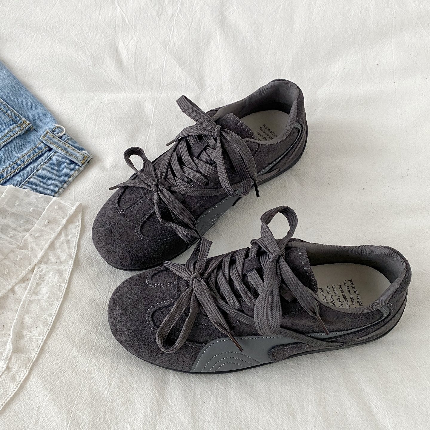 喜叔 小众复古水泥灰德训鞋女款ins潮薄底赛车鞋休闲阿甘鞋运动鞋