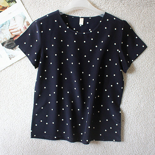深藏青波点100%桑蚕丝短袖T恤