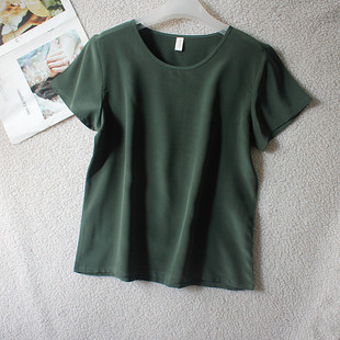 上衣 军绿色女桑蚕丝简约百搭短袖 新款 04双绉纯色真丝圆领T恤夏