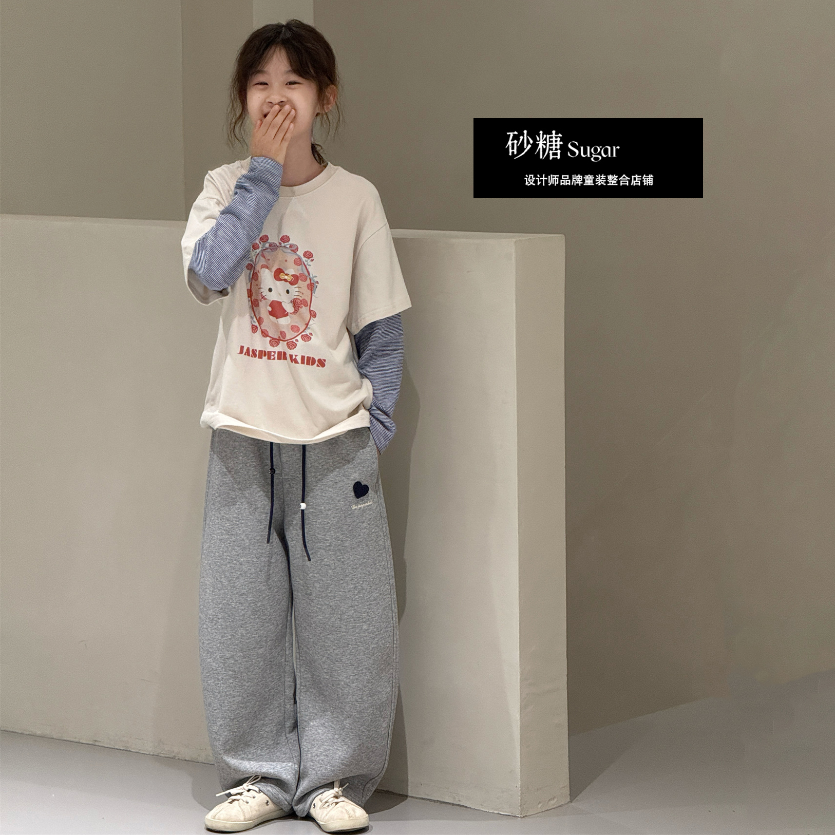 Jasper韩国波拉童装2025秋款女童长袖t恤打底衫中大童假两件上衣