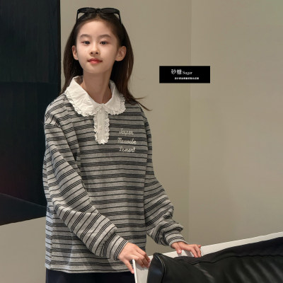 Jasper韩版女童条纹娃娃领卫衣