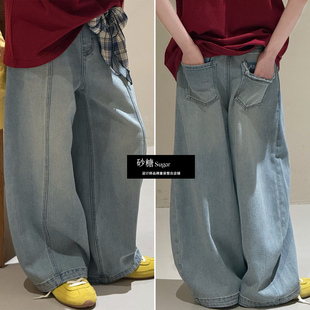 Jasper韩国波拉童装2026春新款女童牛仔裤韩版中大童百搭阔腿长裤