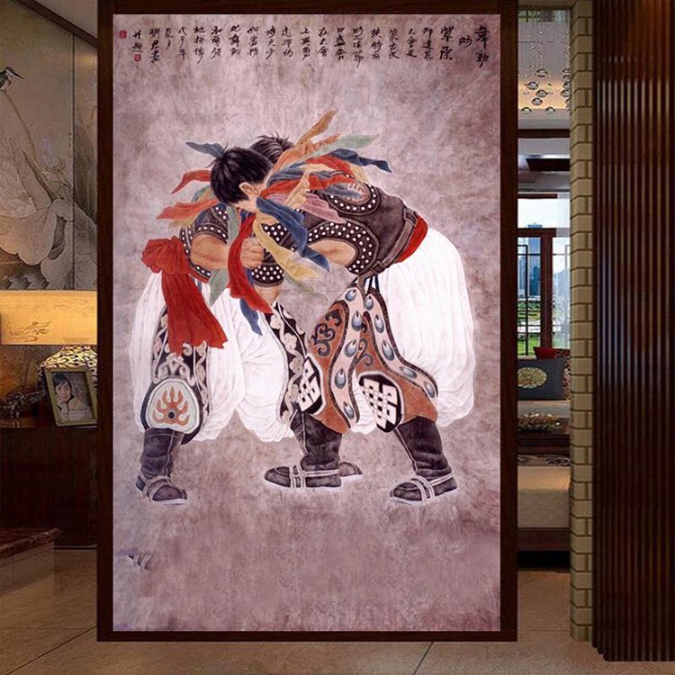 蒙古元素定制壁画传统图案手绘墙纸那达慕竞技摔跤博克大草原油画