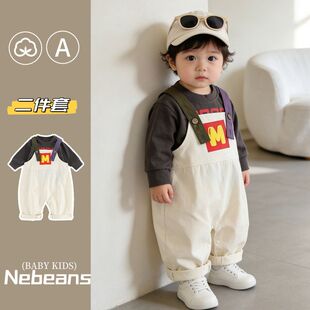 潮男女宝韩版 上衣 连身衣外出服棉质春天哈衣爬服套装 背带裤
