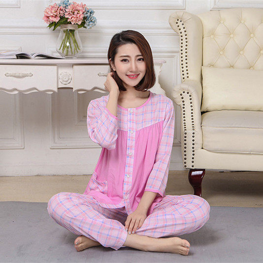 夏女士纯棉绸睡衣家居服绵绸开衫套装长袖长裤人造棉月子服空调服