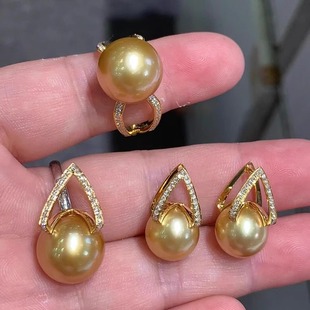 s925银热巴同款项链珍珠吊坠戒指耳钉三件套南洋金珠锁骨链项链女