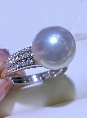 满钻高定轻奢法式珍珠戒指豪镶澳白珍珠戒指南洋金珠戒指澳母贝珠