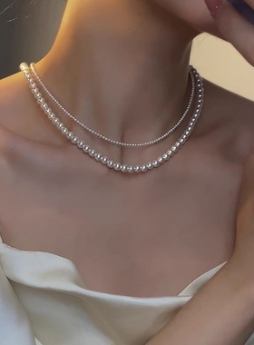 轻奢小众baby珠项链女正圆珍珠项链强光高级锁骨链超细小米珠颈链