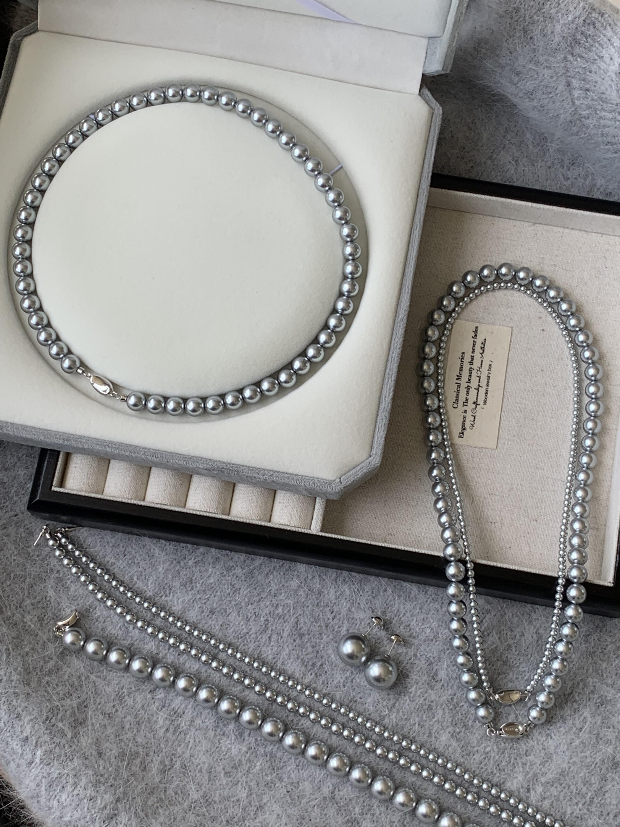 925银真多麻灰珠项链复古法式高级感铂金灰锁骨链轻奢高级灰珍珠