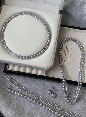 925银真多麻灰珠项链复古法式高级感铂金灰锁骨链轻奢高级灰珍珠