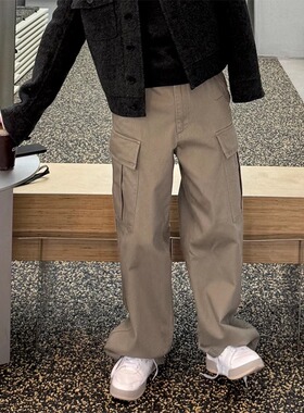 美式重工全棉水洗橄榄绿口袋工装长裤男潮流直筒宽松休闲裤子潮牌