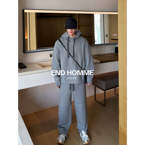 END HOMME 春季混纺棉空气层挺括连帽加绒宽松帽衫卫衣/直筒卫裤