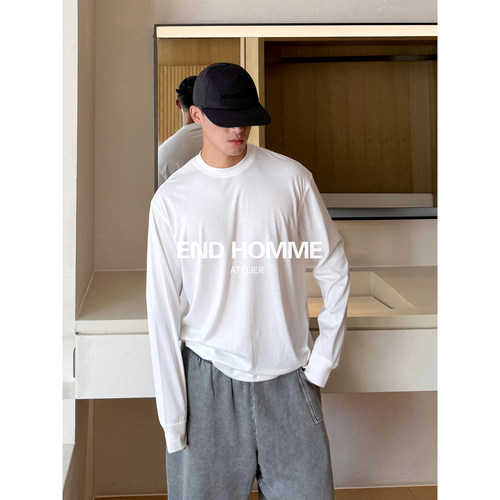 END HOMME|美国皮马棉圆领长袖T恤男 打底衫男士白色内搭上衣黑