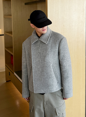 羊驼绒羊毛短纤浅灰混色双面呢翻领大衣男 秋冬新款廓形短款外套