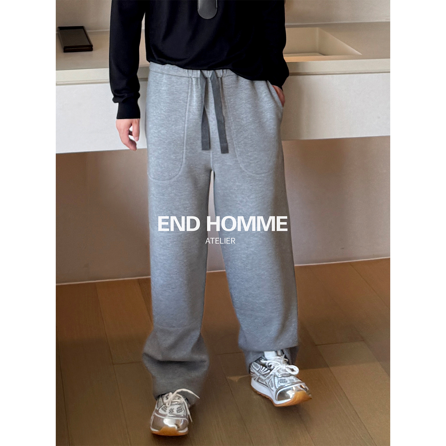 END HOMME进口混纺棉空气层直筒卫裤男秋冬加绒宽松运动休闲长裤