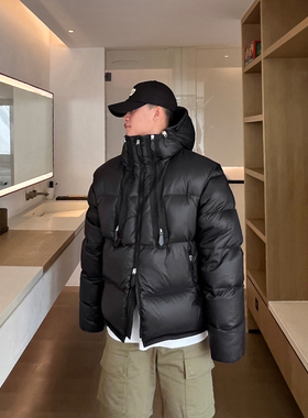潮牌冬季新款连帽短款羽绒服男士加厚保暖可拆卸蓬松面包羽绒外套
