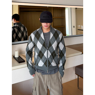 立领拉链开衫 进口鼎奢26支100%山羊绒灰绿菱形格ADF机 HOMME END