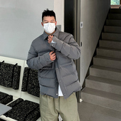 式 冬季 复古灰色小方领宽松白鹅绒衬衫 羽绒服男轻量廓形羽绒夹克