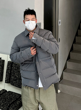 冬季复古灰色小方领宽松白鹅绒衬衫式羽绒服男轻量廓形羽绒夹克