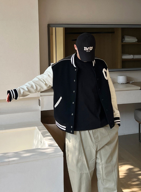 秋冬熊猫配色 羊毛拼小牛皮棒球夹克男短款外套潮