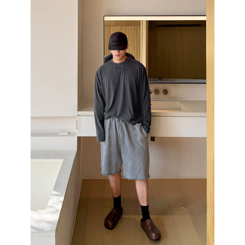 END HOMME|炒雪花工艺 美式复古水洗做旧三角徽标贴布长袖T恤打底