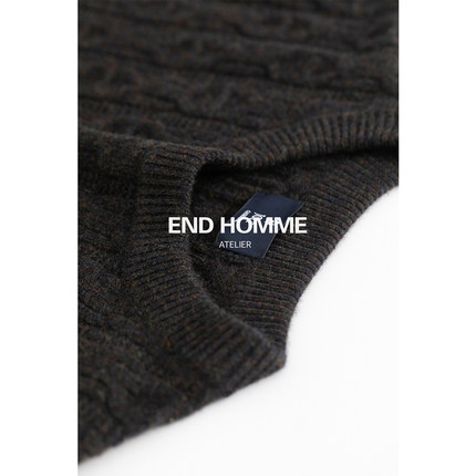 END HOMME|鼎奢100%山羊绒 7针2条毛标志麻花圆领套头衫男士毛衣