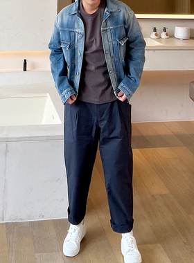 斜口袋棉质休闲裤男藏青色 秋季新款宽松长裤直筒工装裤潮