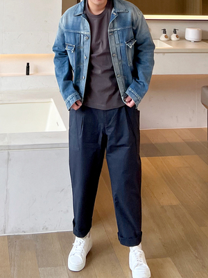 斜口袋棉质休闲裤男藏青色 秋季新款宽松长裤直筒工装裤潮