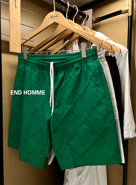 夏季新款绿色轻薄方形图案直筒五分裤宽松百搭休闲短裤男潮