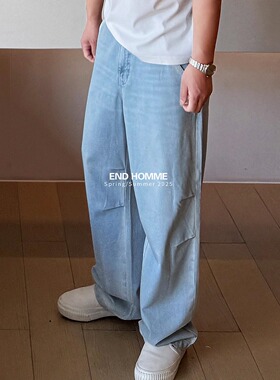 凉感天丝垂感复古水洗膝盖折简宽松直筒牛仔裤男 秋冬新款休闲裤