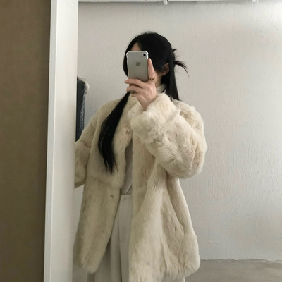 ETHOS-高领一手长兔毛毛毛外套暗扣设计皮草(含100兔毛)W25C207B