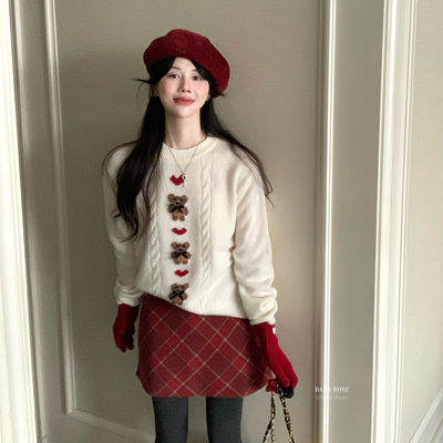 DARA ROSE-爱心小熊麻花套头保暖针织毛衣(含100羊毛)S8142