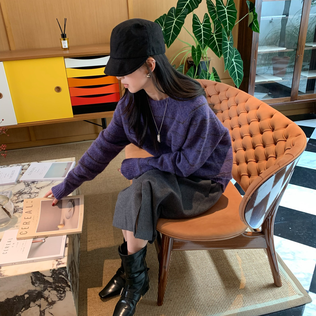 TABLE-撞色条纹毛衣百搭套头秋冬针织衫保暖毛衣（含80羊毛）9007