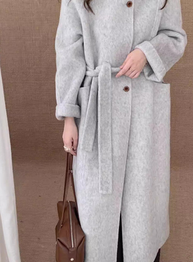 TOO家-立领长款休闲羊毛外套(配腰带)（含70羊毛）2509175844H
