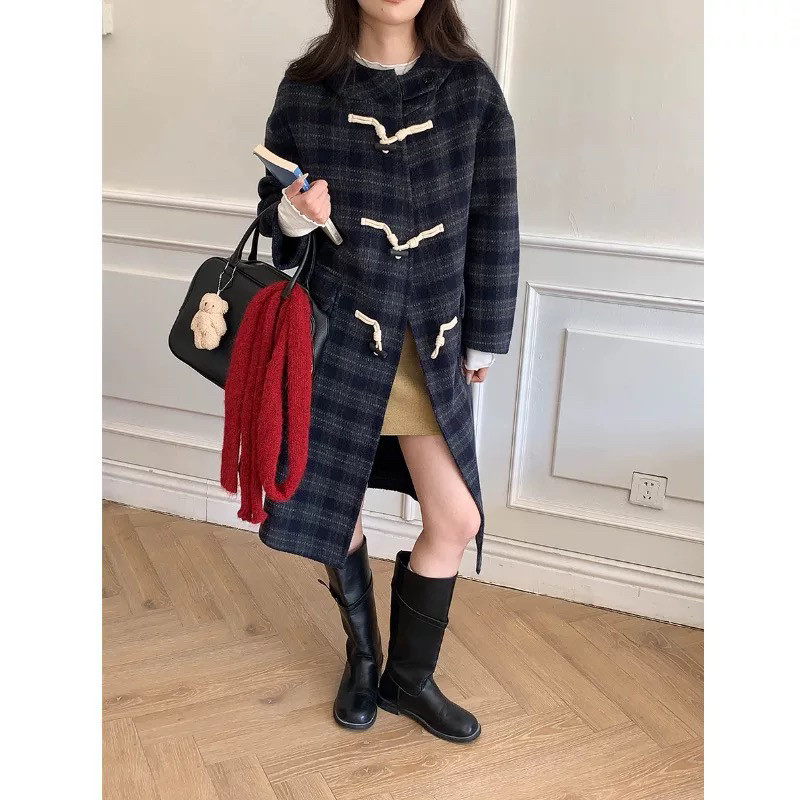CH-连帽藏青格纹宽松微高领双面呢大衣羊毛外套（含70羊毛）n2415