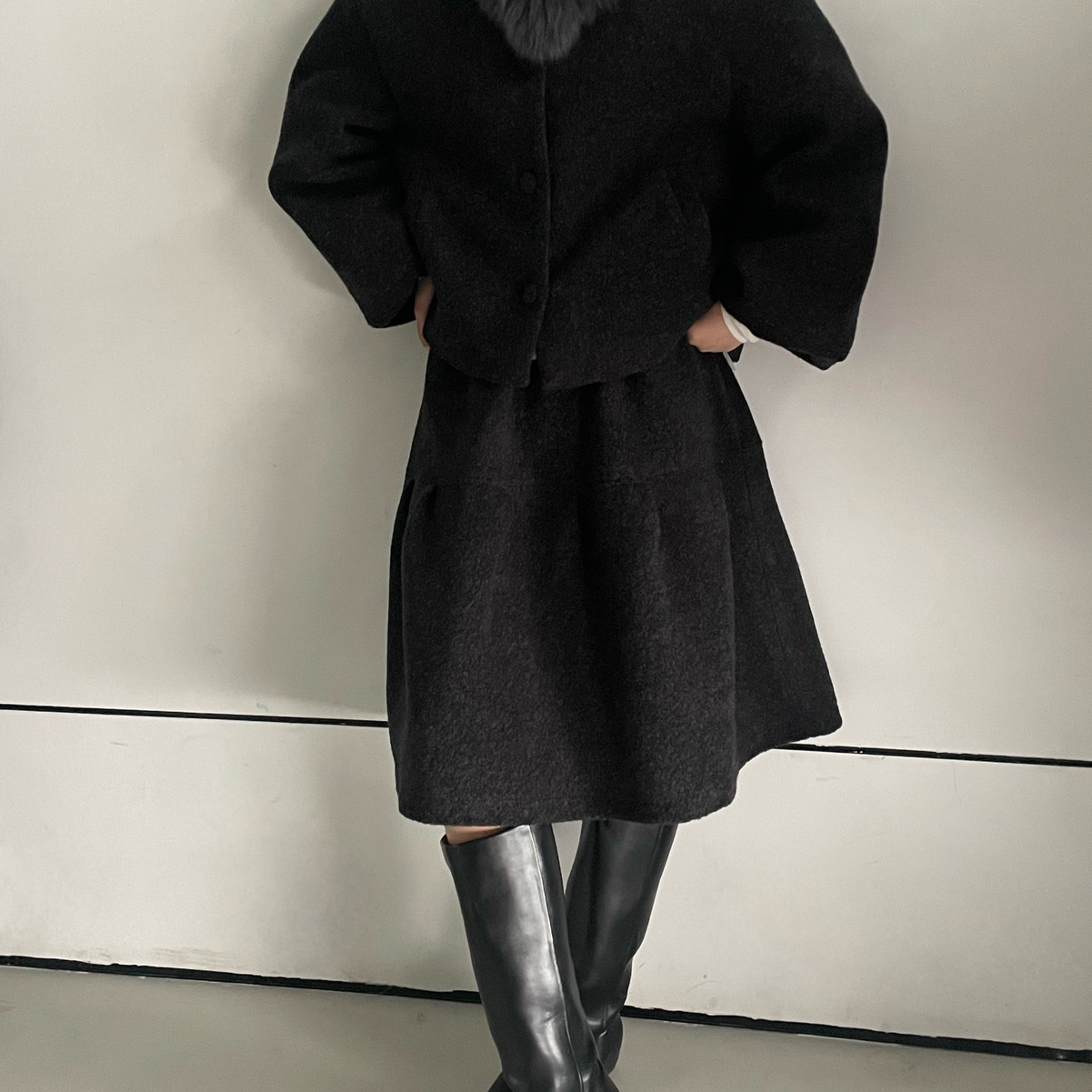 Vêtlle-外套+显瘦高腰半身裙套装配可真狐狸毛领（含30羊毛）734,女装/女士精品,时尚套装,淘宝优惠券,粉丝福利购,淘宝优惠卷