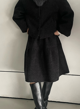 Vêtlle-外套+显瘦高腰半身裙套装配可真狐狸毛领（含30羊毛）734