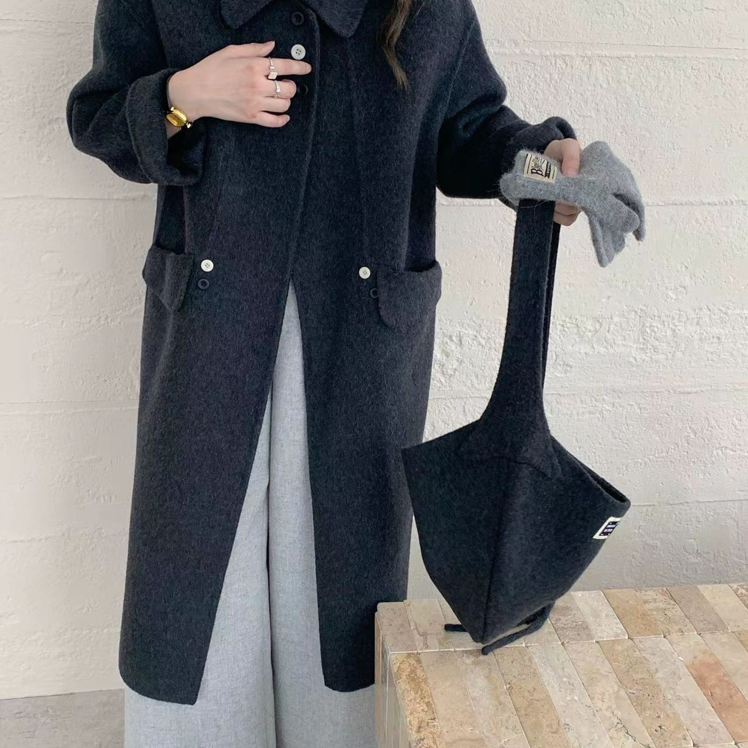 CH-羊毛呢大衣长款宽松通勤羊毛外套(配挎包)（含26.2羊毛）n0115