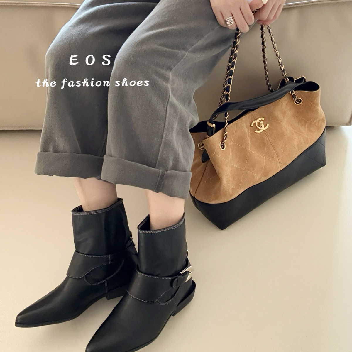 EOS牛胎皮设计感修饰腿型经典百搭新款时尚简约尖头短靴M81013