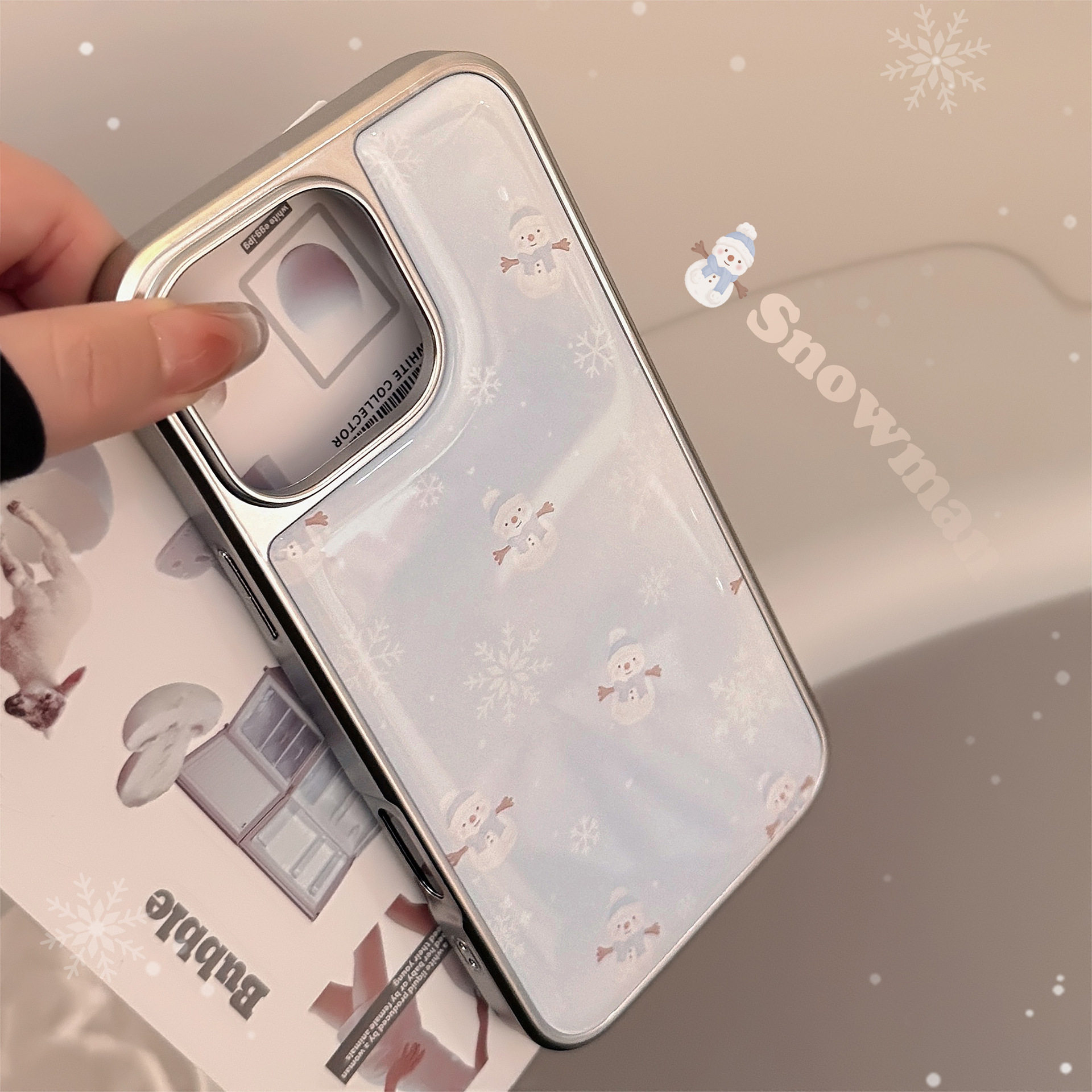 电镀ins风雪人适用15pro max手机壳苹果iphone16滴胶雪花13韩系14