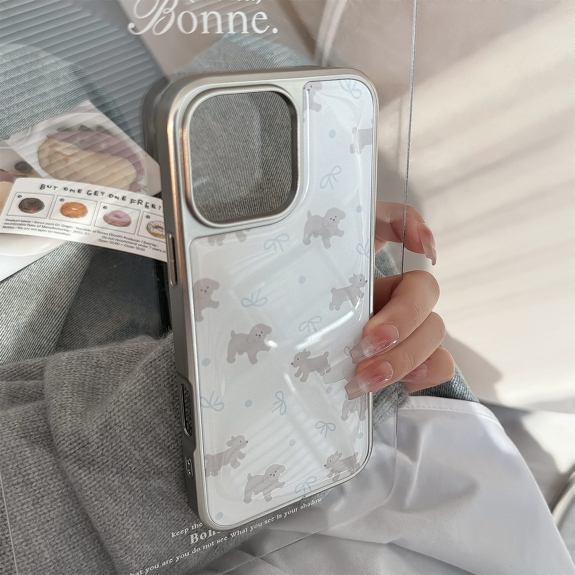 可爱灰泰迪适用16苹果15promax手机壳iphone14银边滴胶13小众15硬