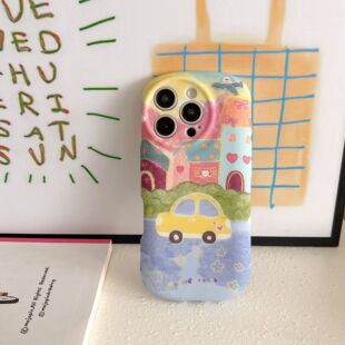 卡通猫咪车车插画适用iPhone16pro 13椭圆软壳 max苹果15手机壳14