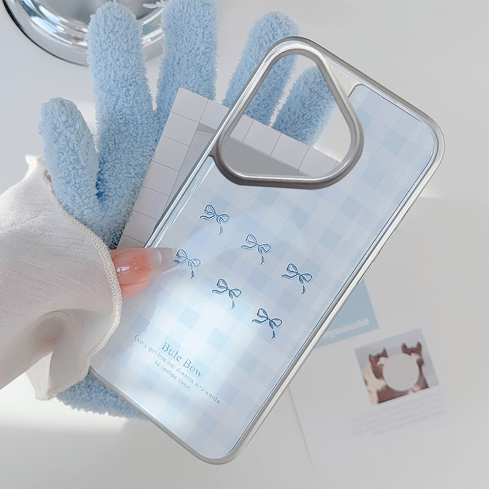 【华为】适用蓝格纹蝴蝶结Mate70pro手机壳滴胶P70鎏金Mate60甜美